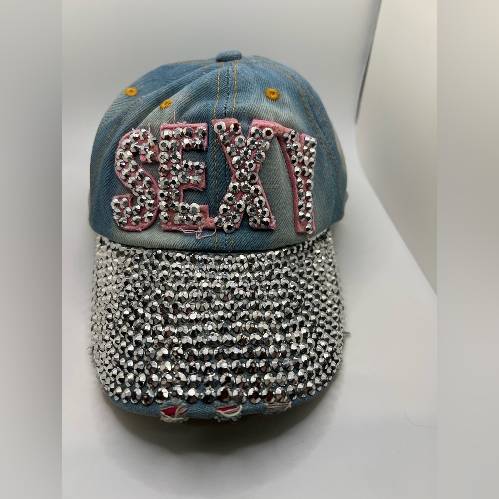 Denim Blue Jean Baseball Bling Hat with SEXY Spelled out